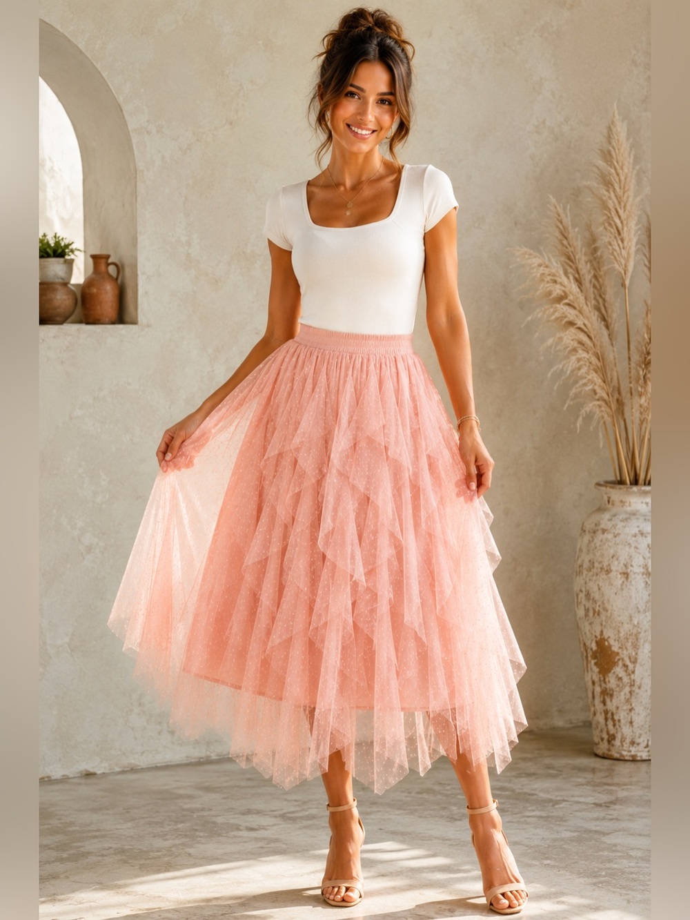 NWT Live 4 Truth Blush Pink Layered Swiss Dot Tulle Midi Skirt Size Large A31